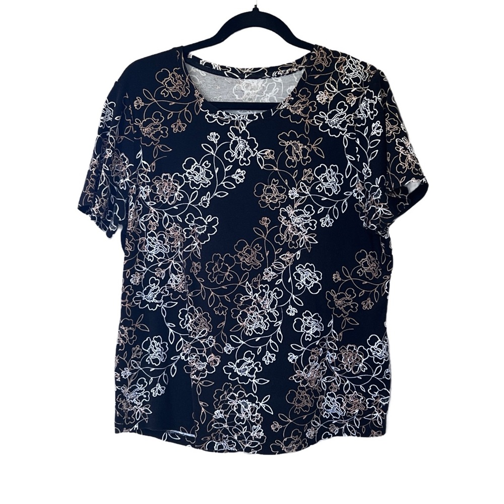 Chico's T-Shirt Black & White Floral Short Sleeve Top size 3/XL